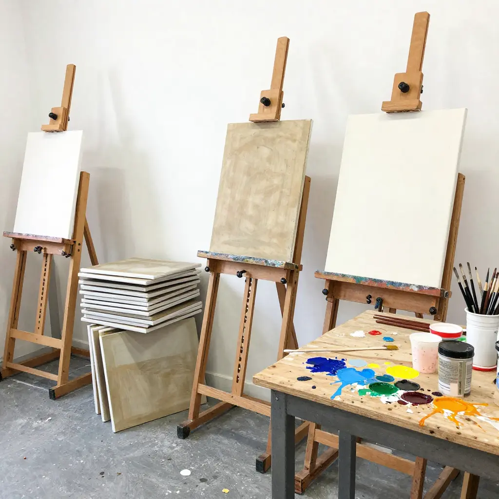 Bright art studio with easels and painting supplies